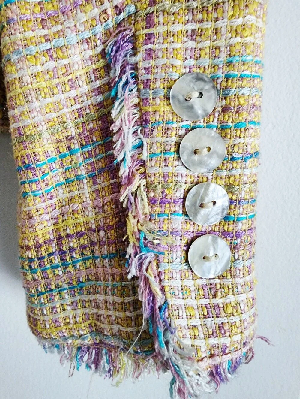 Vintage Neiman Marcus | Pastel Silk Blend Tweed Fringed Cropped Jacket | Size 6